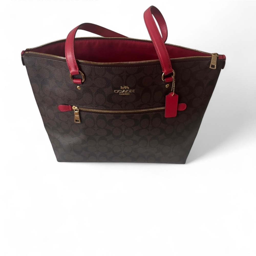 Matching Coach Signature Brown Tote and Wallet with Red Accents